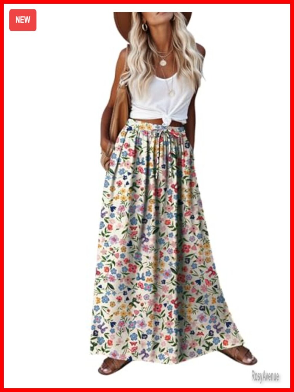 Boho Floral Maxi Skirt High Waist Elastic A-Line Beach Long Skirt with Pockets